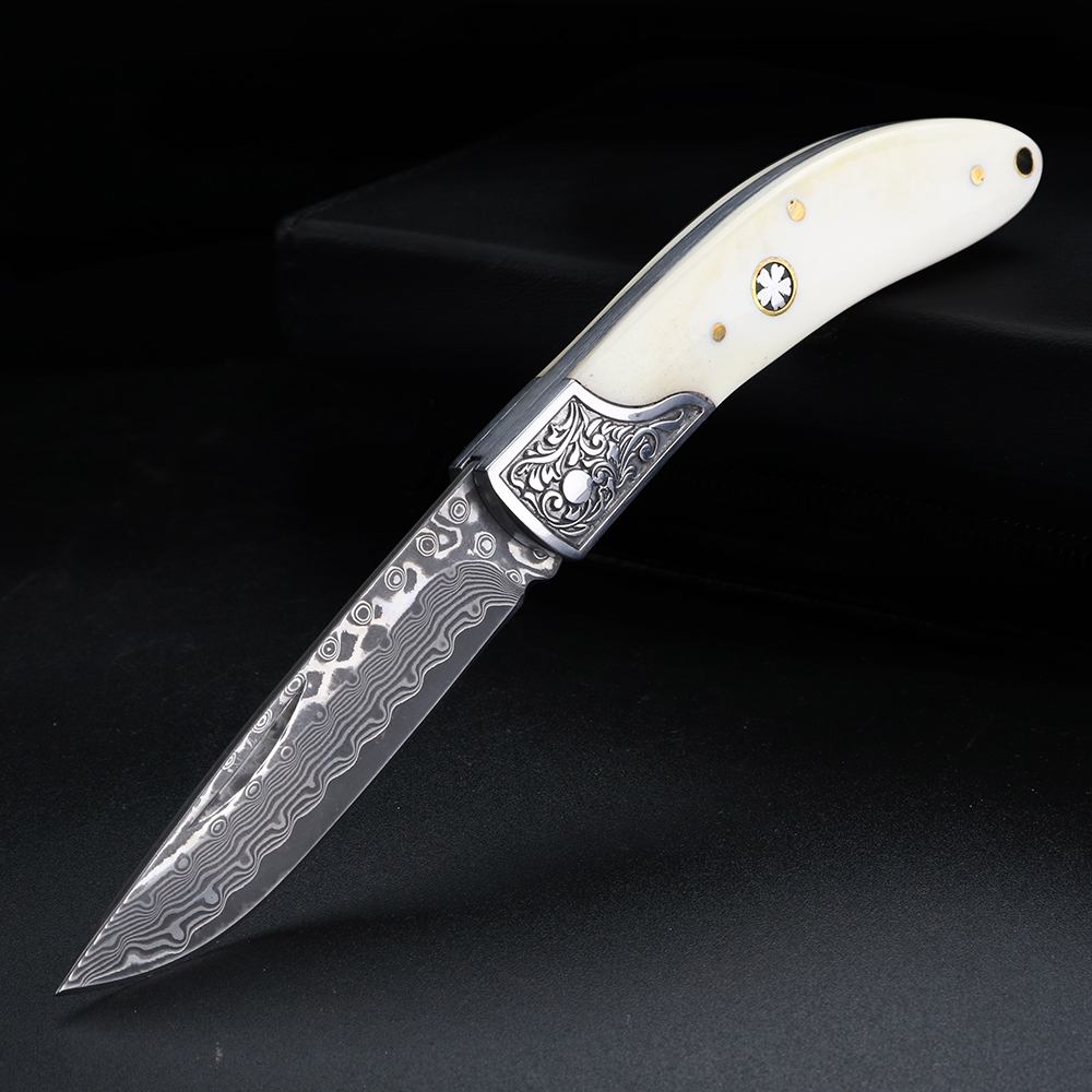 Bone Folder Tool - Nóż składany ze stali damasceńskiej Bull